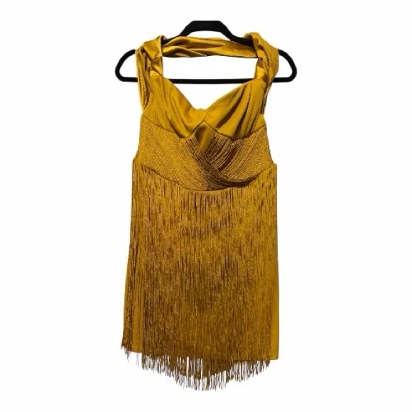 ASOS DESIGN Halter Draped Fringe Mini Dress in Chartreuse Gold - Picture 2 of 6